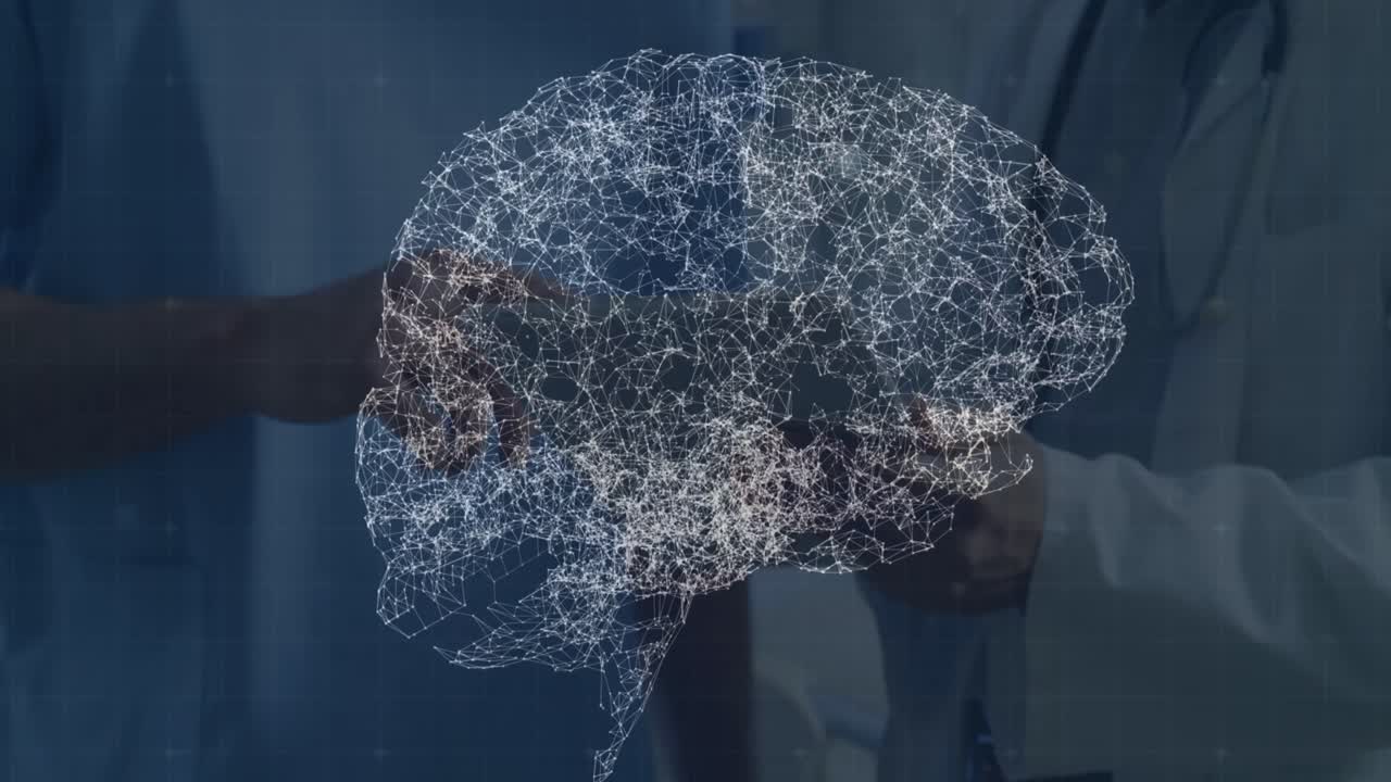 Animation of brain made of connections over hands of doctors using tablet