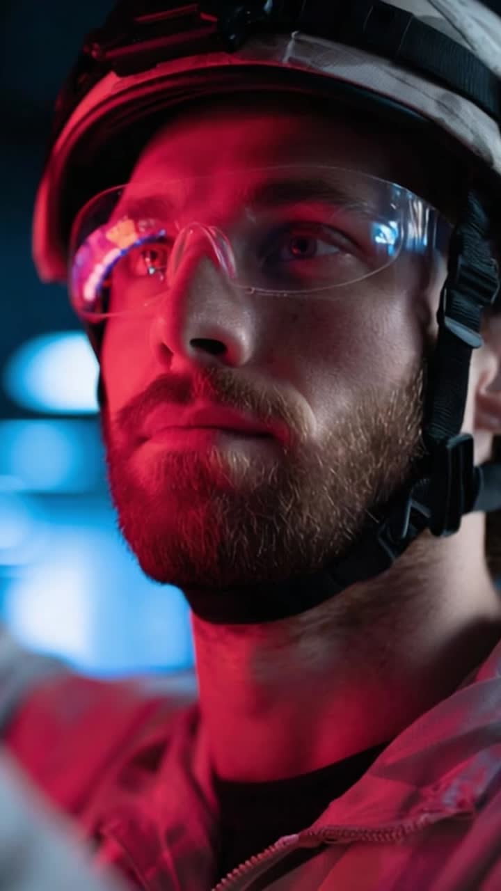 Focused Operator Donning Protective Gear Under Dramatic Lighting in a High-Tech Environment, Showcasing Professionalism and Readiness for Action