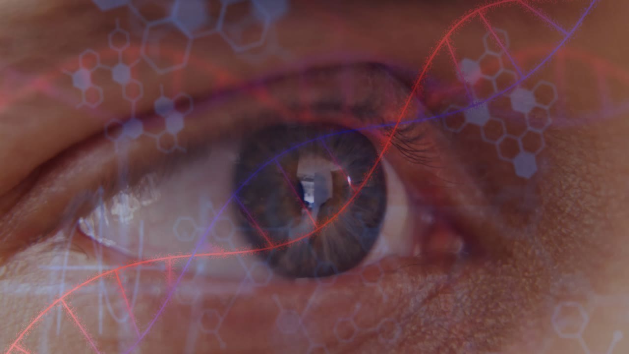 Scansione biometrica che si sovrappone all'occhio, con grafica a doppia elica del DNA e motivi molecolari esagonali