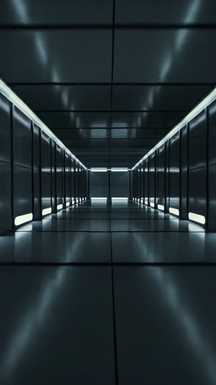 Vertical video: Camera dolly moving toward glossy metallic corridor, revealing bright end lights