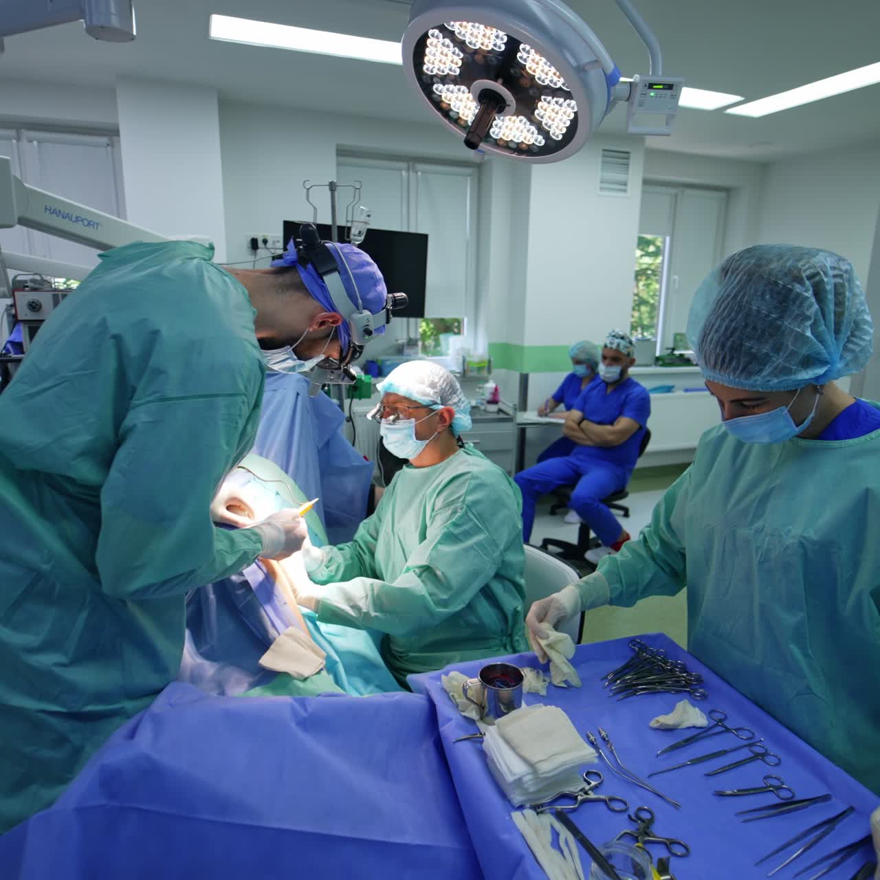 Female nurse in uniform stands at the table with instruments arranging tools for operation. Two surgeons cooperate at procedure