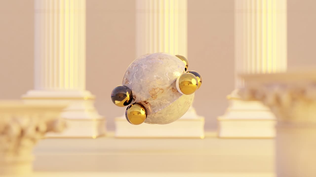 3D rendering of small shiny balls rotating on sphere near columns