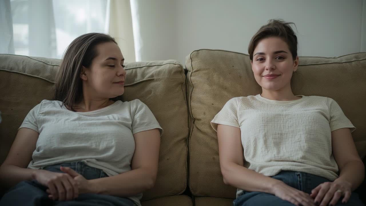 Donna che lancia uno sguardo a sinistra facendo sorridere la donna a destra su un divano beige a casa, in t-shirt e jeans.