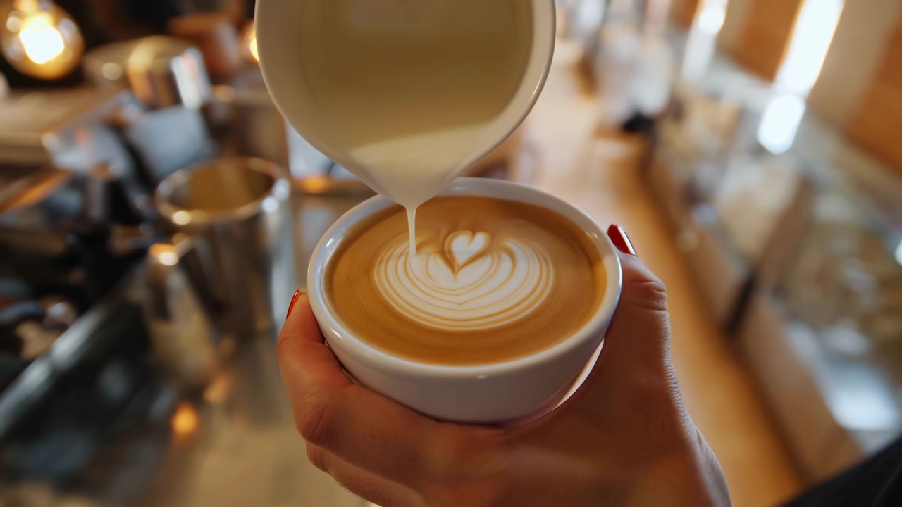 Un barista versa il latte in una tazza di ceramica per creare latte art in un ambiente da caffetteria, dimostrando movimenti concentrati e precisi da una prospettiva ravvicinata con calde tonalità marroni.