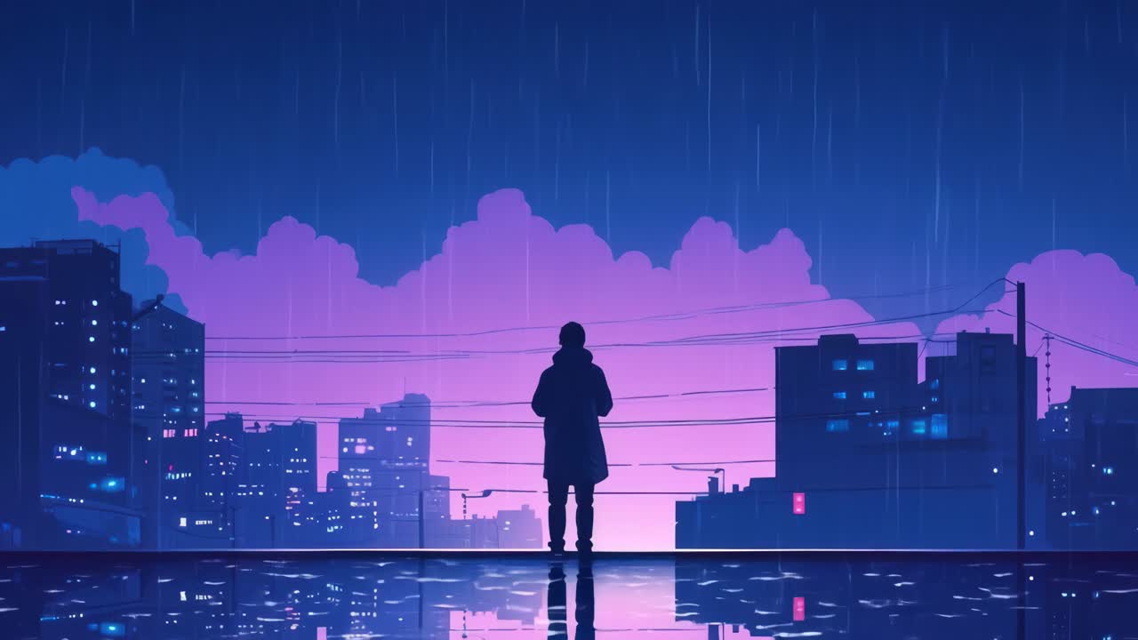 Una silhouette si staglia su un tetto al crepuscolo, con vista su un paesaggio urbano