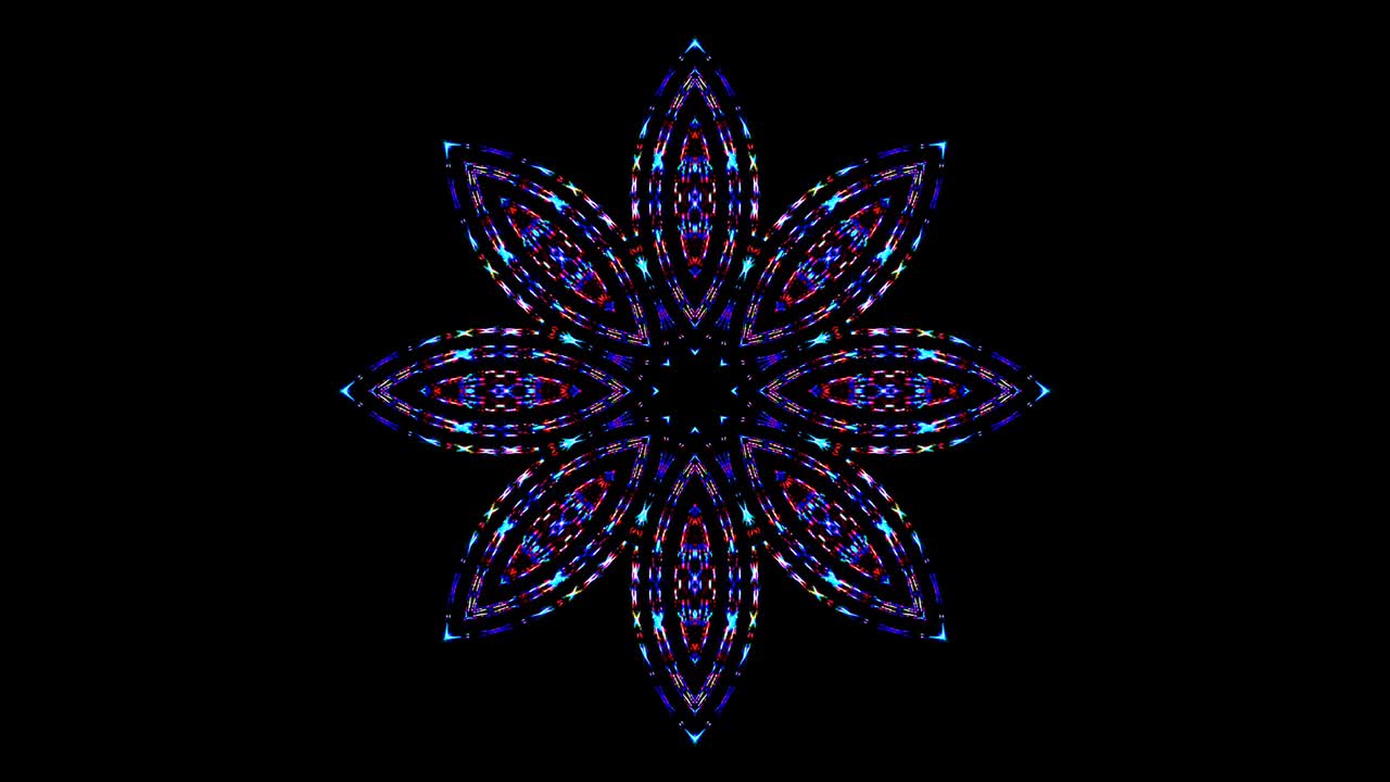 rayas azules ondas brillantes forma de flor, caleidoscopio fondo negro