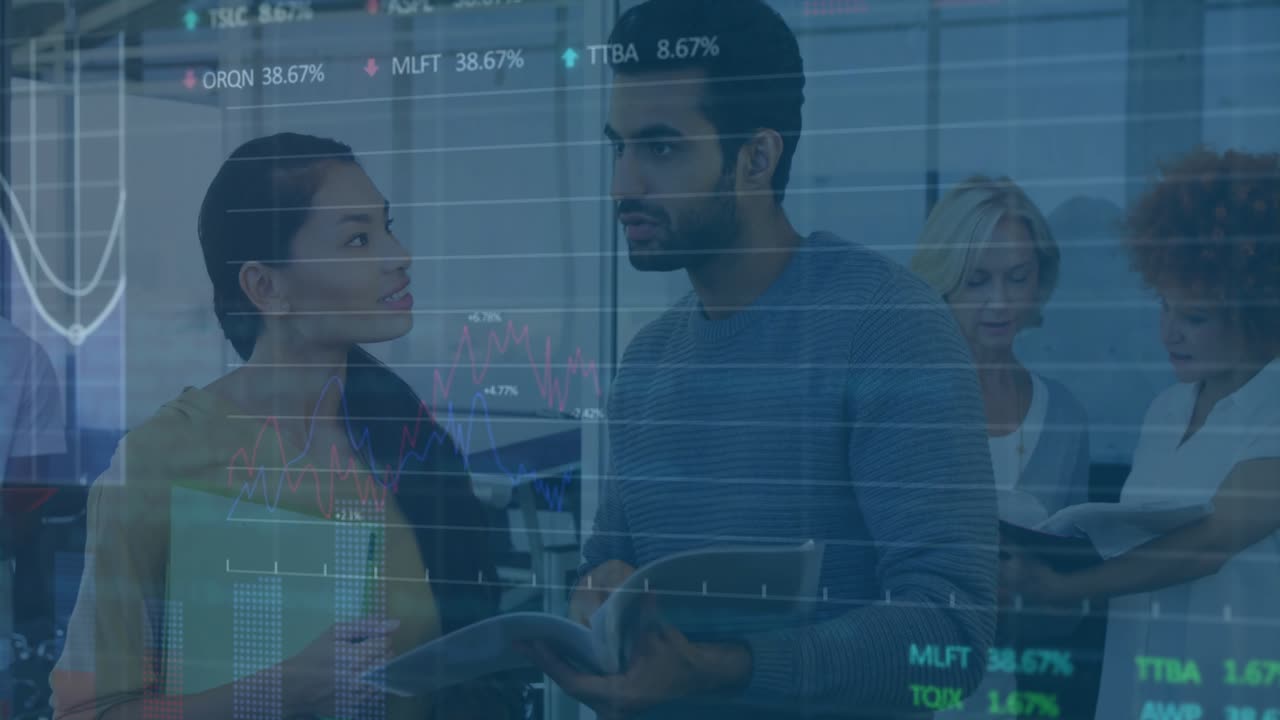 Colleagues discussing finance meeting space, featuring animated stock charts overlaying documents