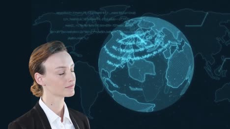 Animation-of-a-Caucasian-woman-looking-at-a-globe-with-words-spinning