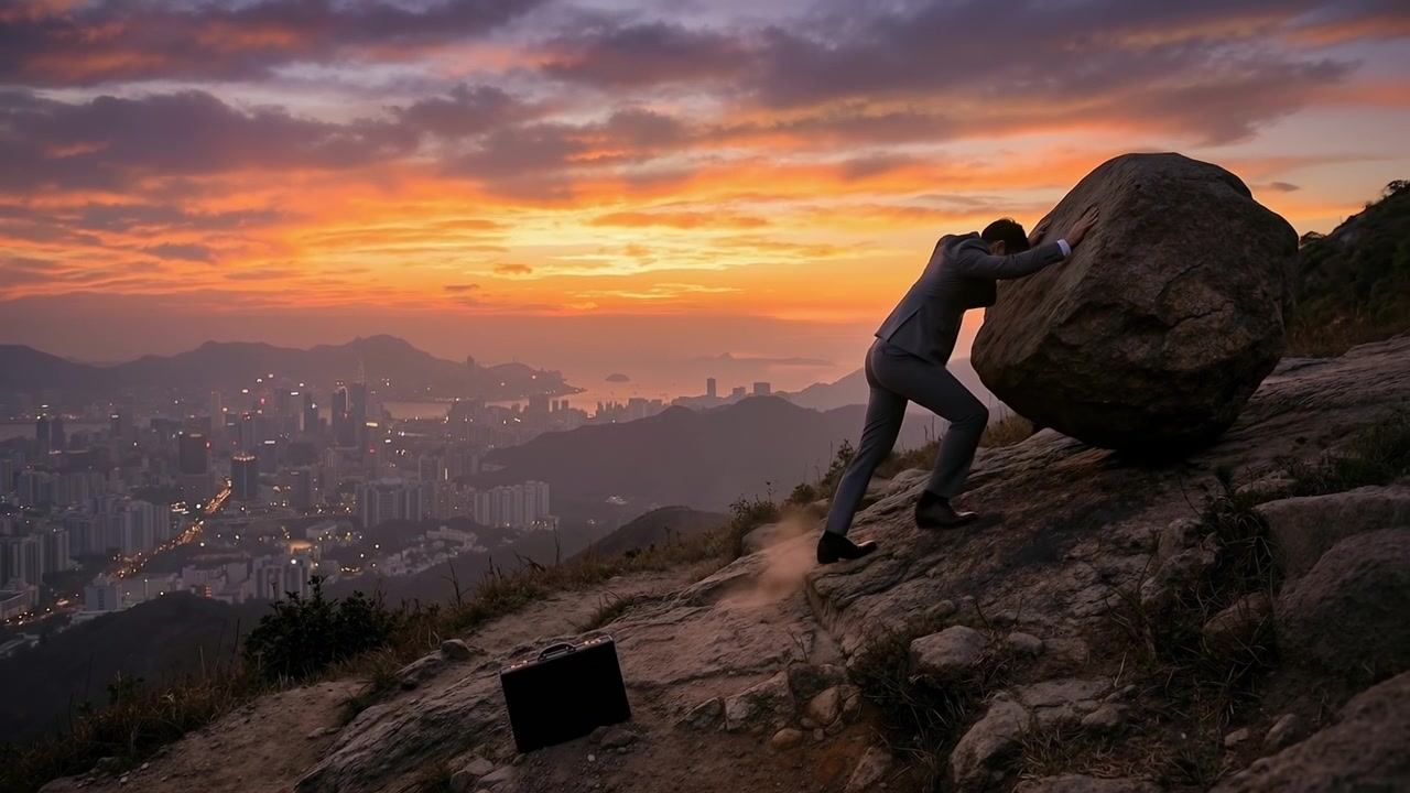 Businessman pushing a heavy stone boulder up a steep hill against a sunset sky
