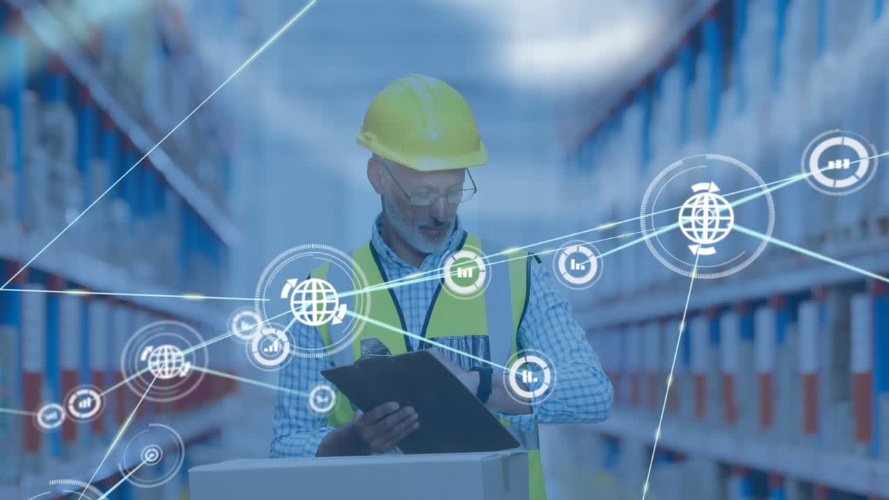 animación de una red de conexiones con iconos sobre un trabajador caucásico en un almacén