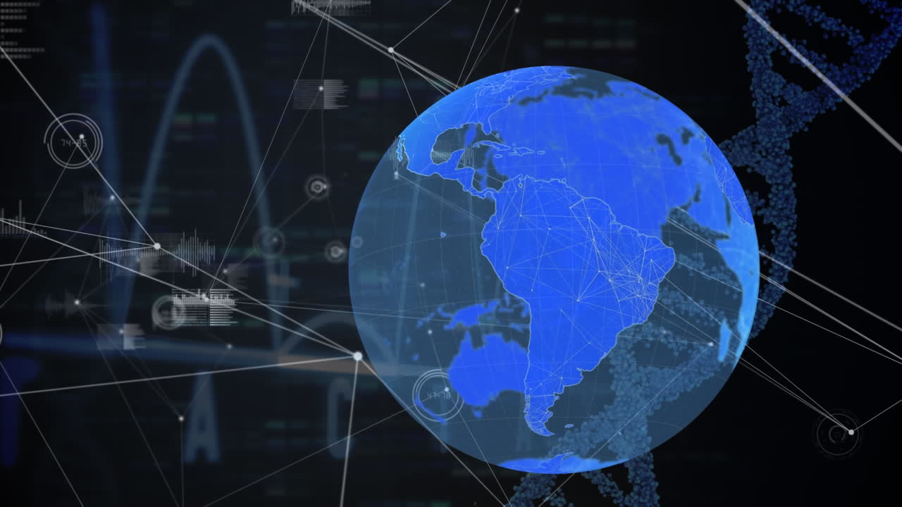 심장 박동 모니터와 회전하는 dna 구조를 통해 지구와 연결 네트워크의 애니메이션