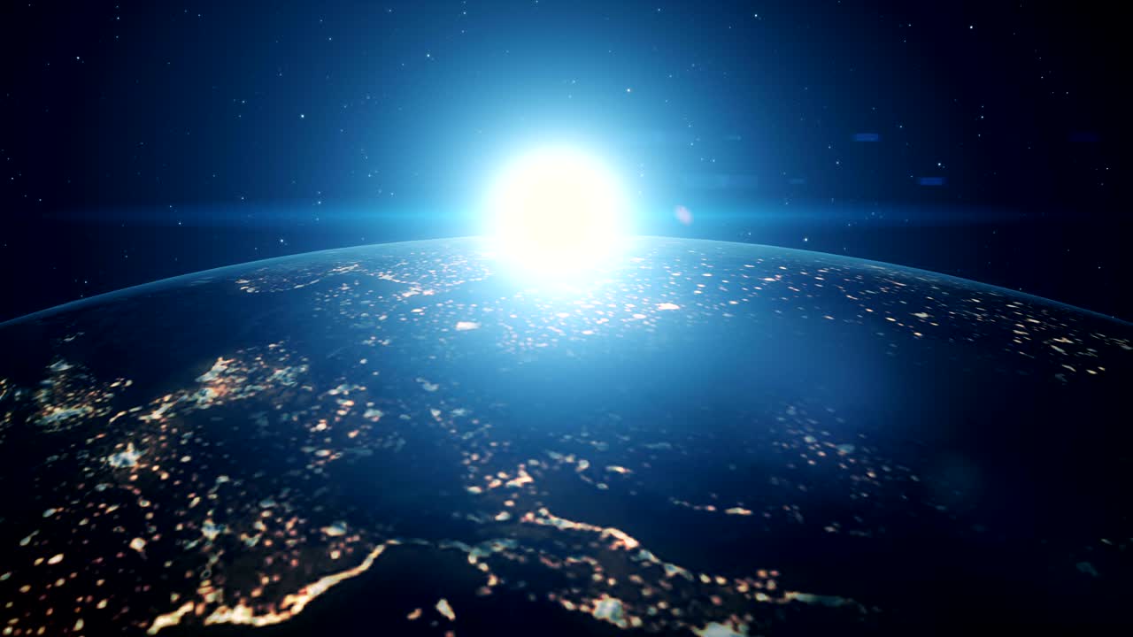 우주에서 지구 위에 있는 파란색 디지털 태양의 일출