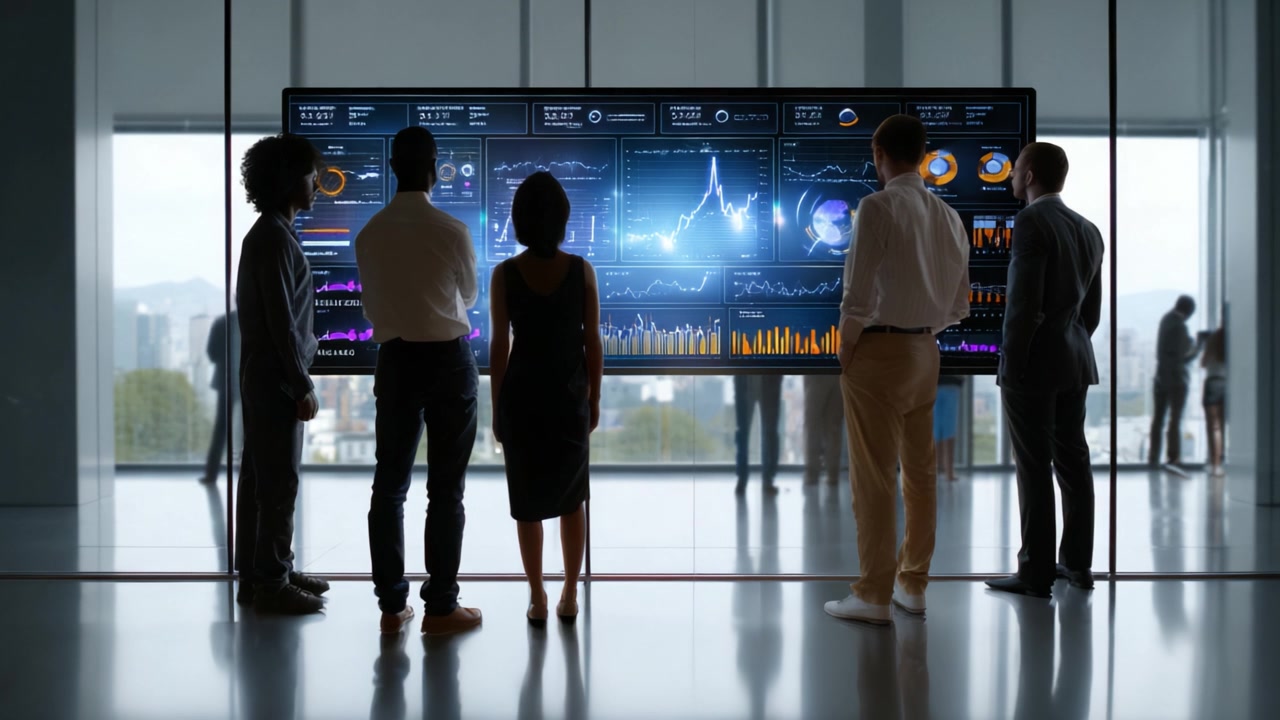 Analyzing Data Visualizations in a Modern Workspace: A Group of Professionals Engaging with Interactive Displays for Insights and Decision Making