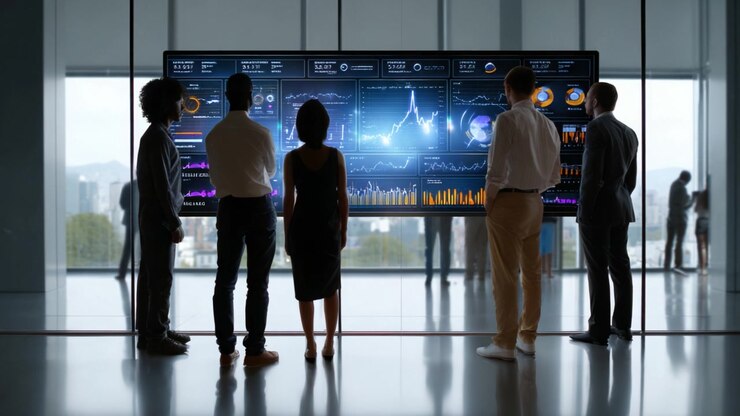 Analyzing Data Visualizations in a Modern Workspace: A Group of Professionals Engaging with Interactive Displays for Insights and Decision Making