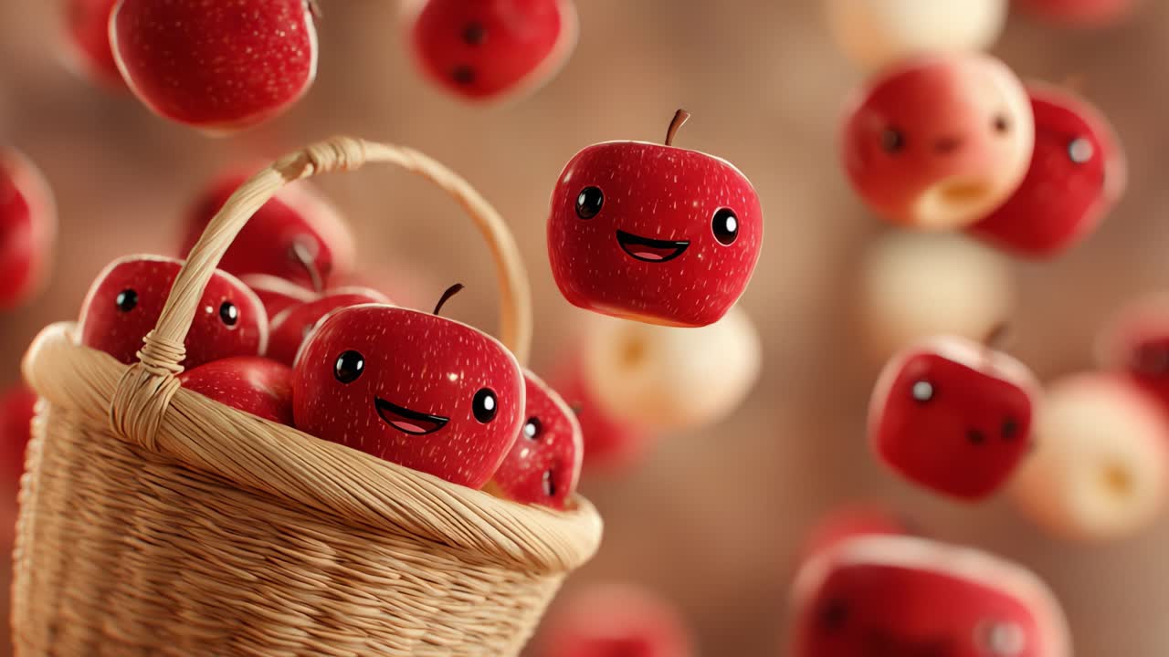 A Delightful Gathering of Cheerful Red Apples: Bright, Animated Fruits in a Basket Spread Joyfully in a Playful Scene Captured in Stunning Detail