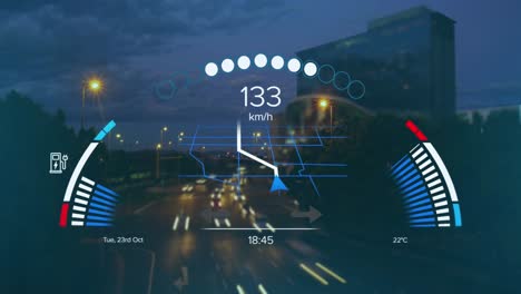 Animation-of-speedometer,-gps-and-charge-data-on-interface,-over-sped-up-city-traffic-at-night