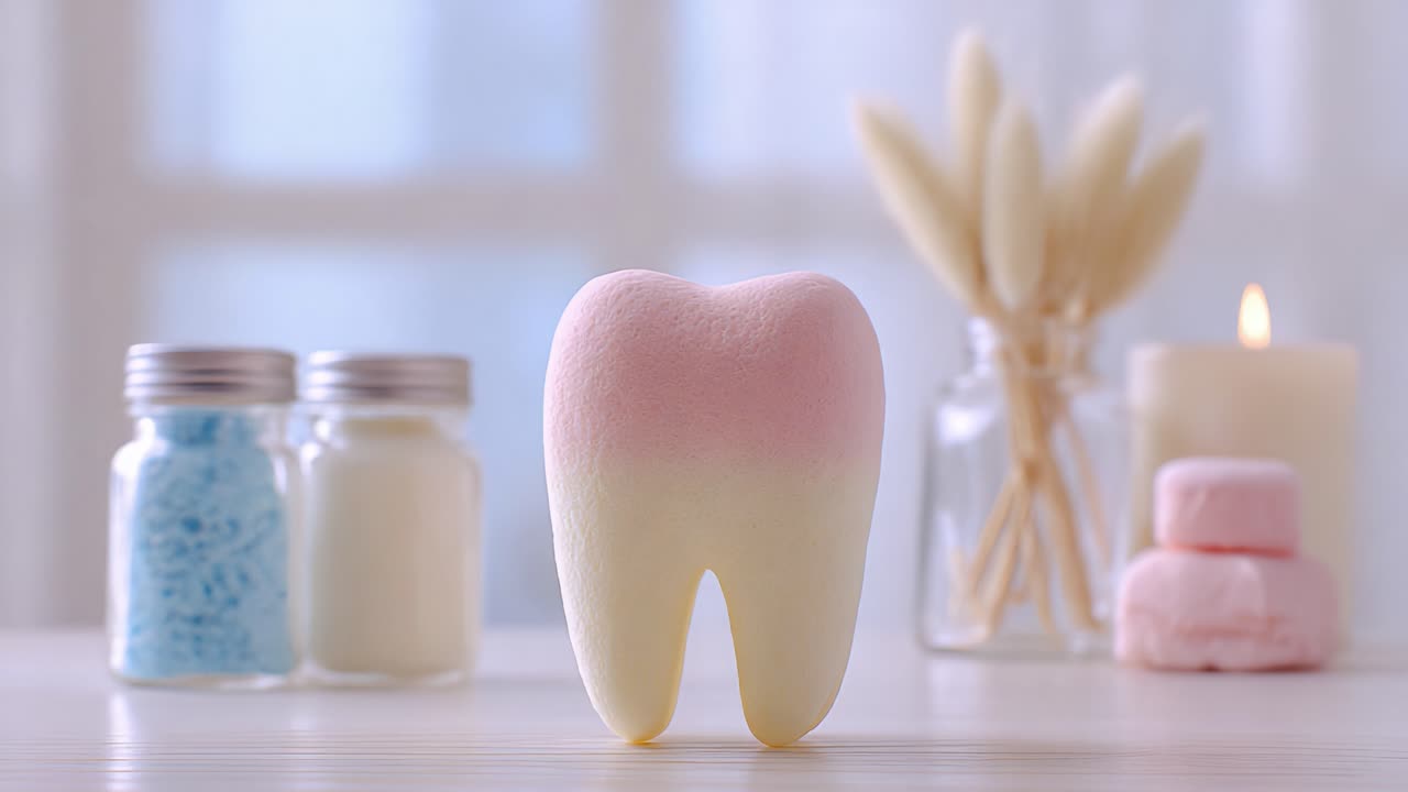 A Delightful and Colorful Tooth-Shaped Decorative Item Surrounded by Soft Pastel Elements and Relaxing Arrangement in a Calm Environment