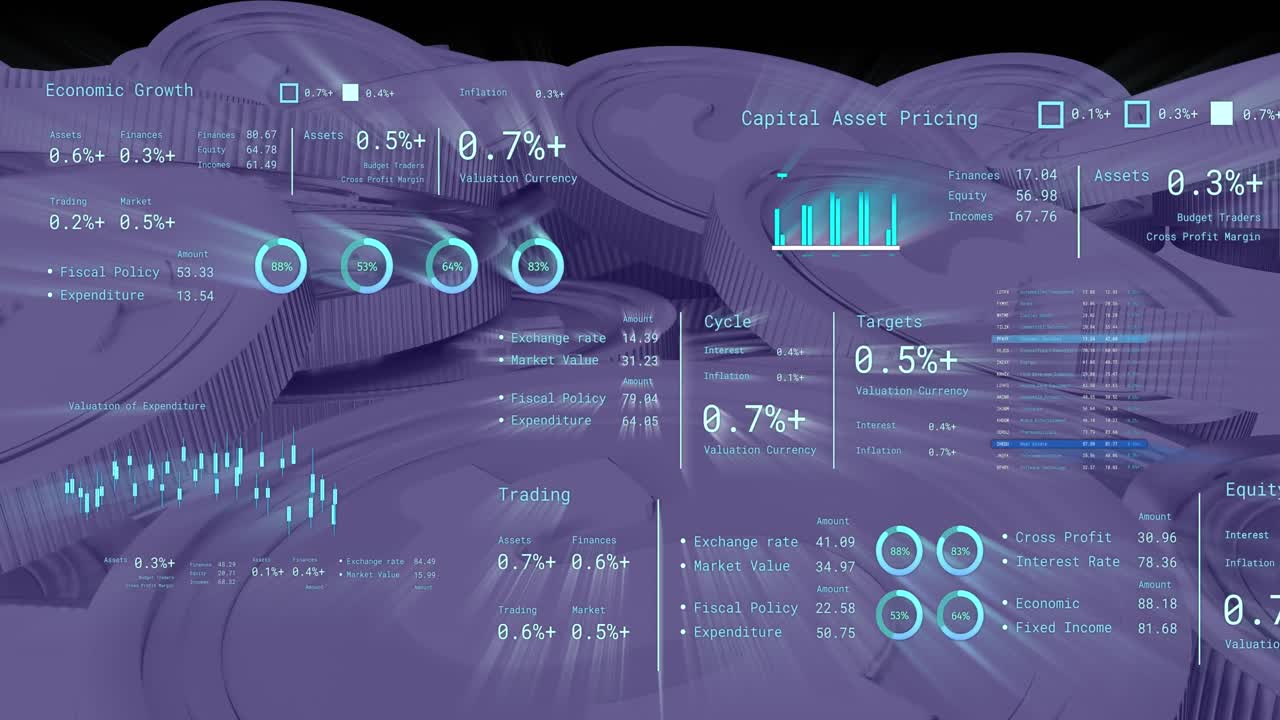 Animation of financial data processing over stacks of american dollar coins