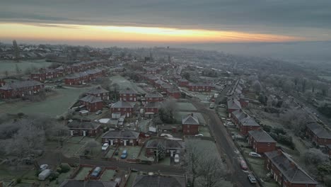 aerial drone, footage, depicting harsh winter cold spell with mist and freezing temperatures