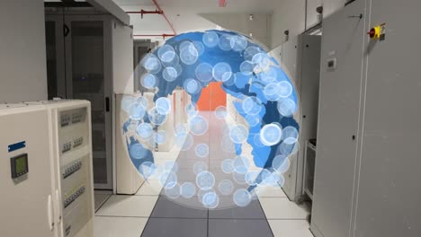 Rotating-globe-and-icons-in-an-office-corridor