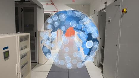 globo giratorio e iconos en un pasillo de la oficina