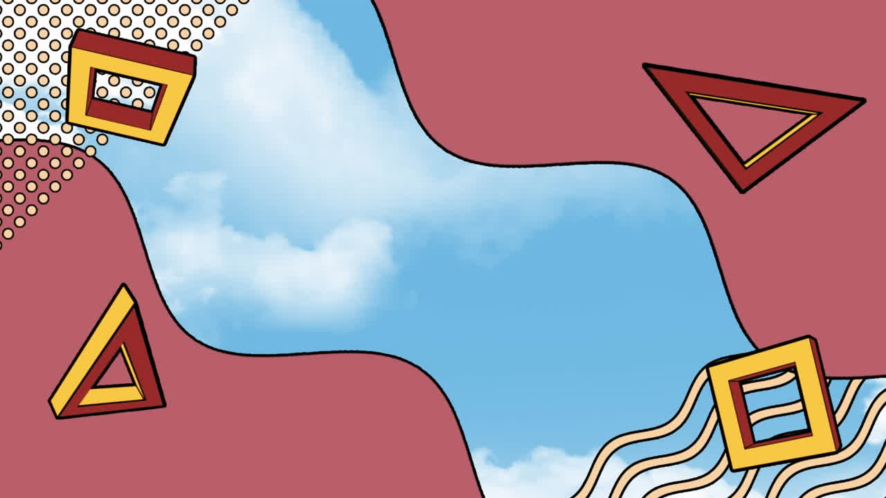 Animation of network of retro shapes moving over sky