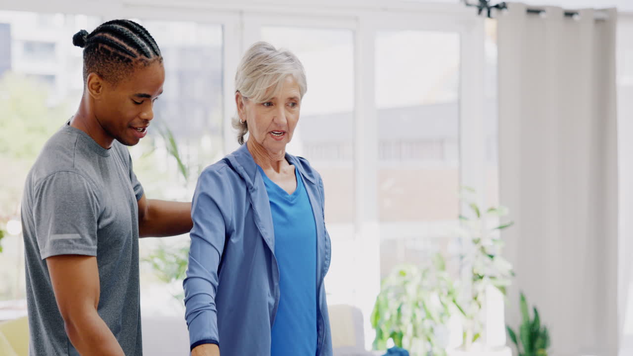 Elderly woman, dumbbells and rehabilitation