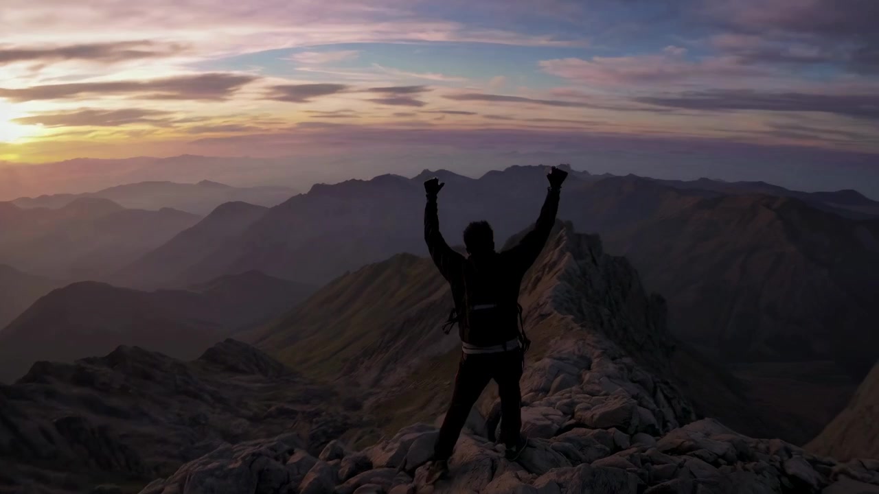 Un excursionista celebra su éxito en el pico de la montaña al atardecer