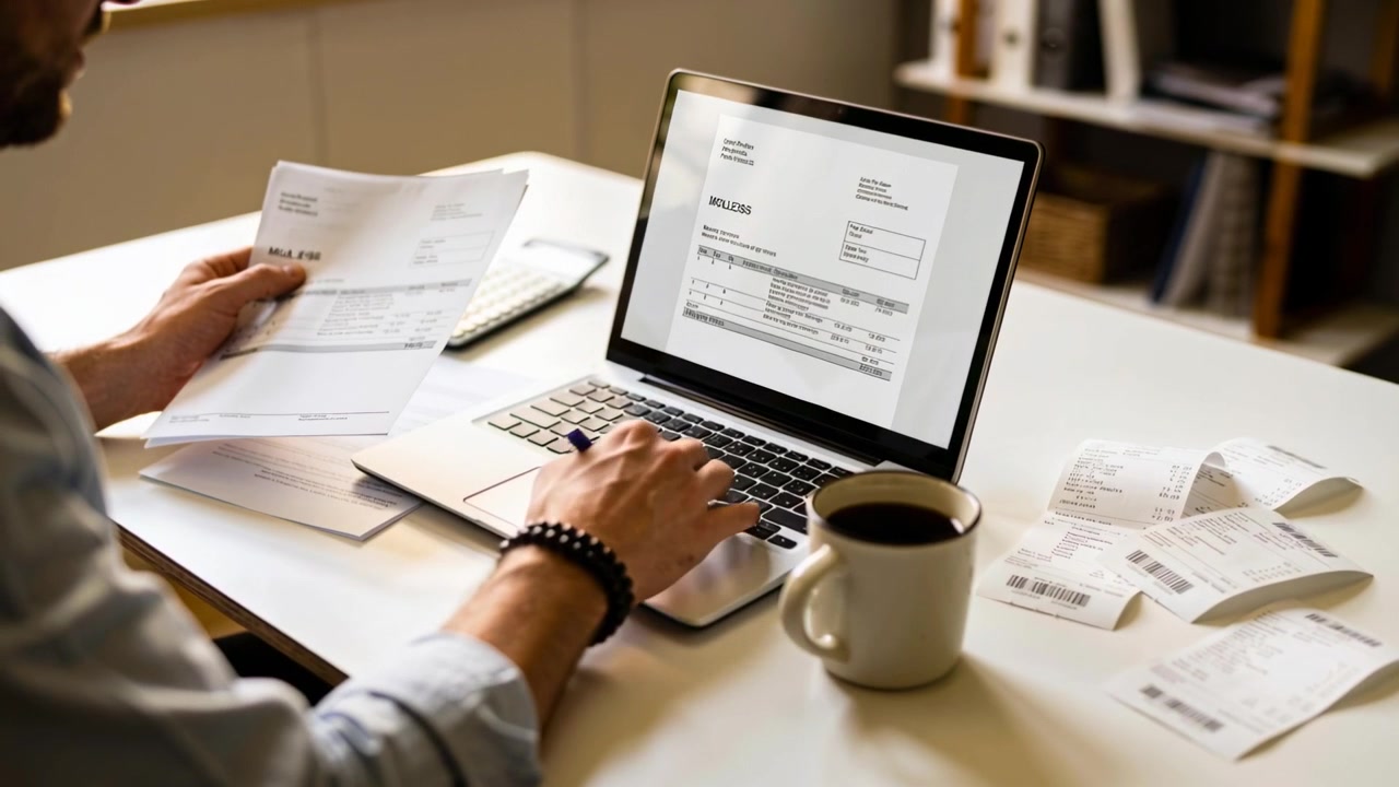Holding bill, man in rolled-sleeve shirt typing numbers on laptop at home office, receipts