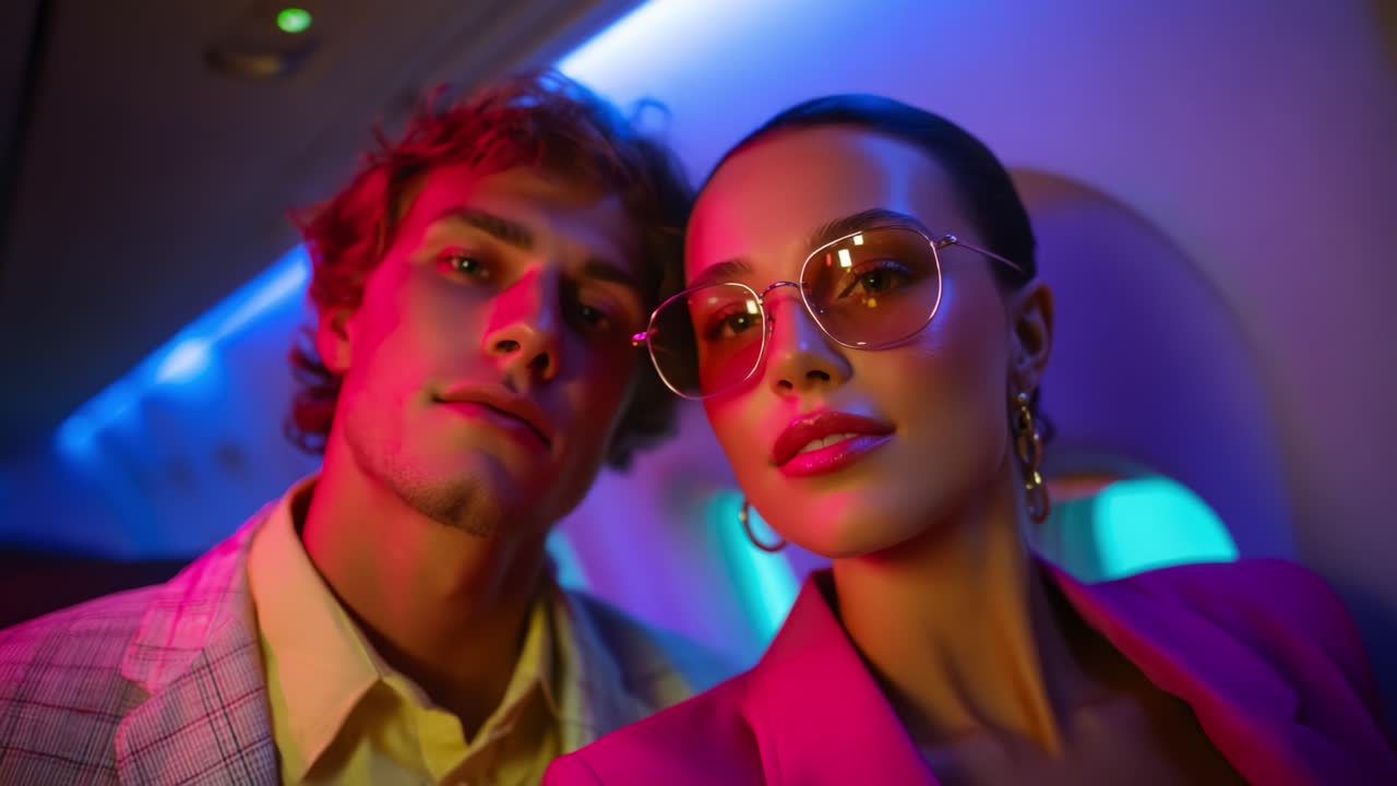 Captivating Duo on a Luxurious Flight: Stunning Close-Up of a Stylish Couple Posing Together in an Elegant Private Jet, Radiating Glamour and Chic Fashion Amidst Colorful Ambient Lighting
