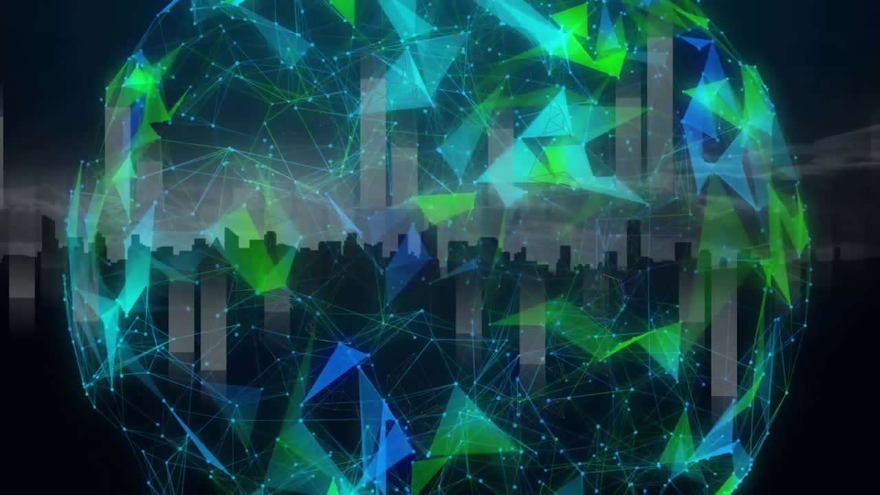 Animation of globe, digital icons and data processing on screens