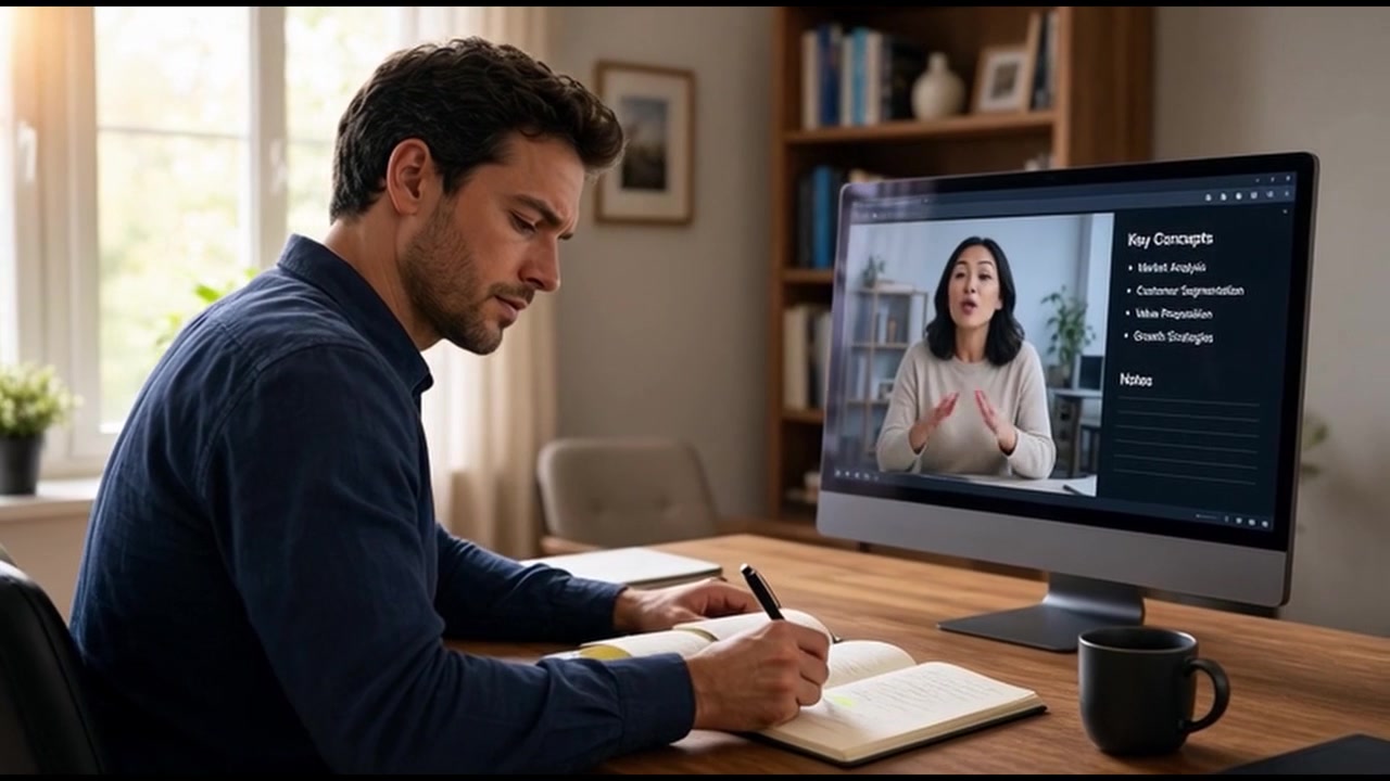 Man Attending Online Business Webinar and Taking Notes at Home