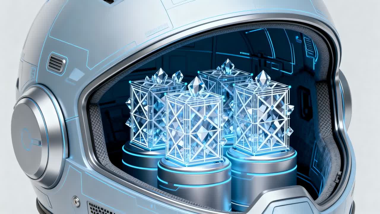Zooming camera revealing metallic helmet interior at studio, crystals pulsing showing detail