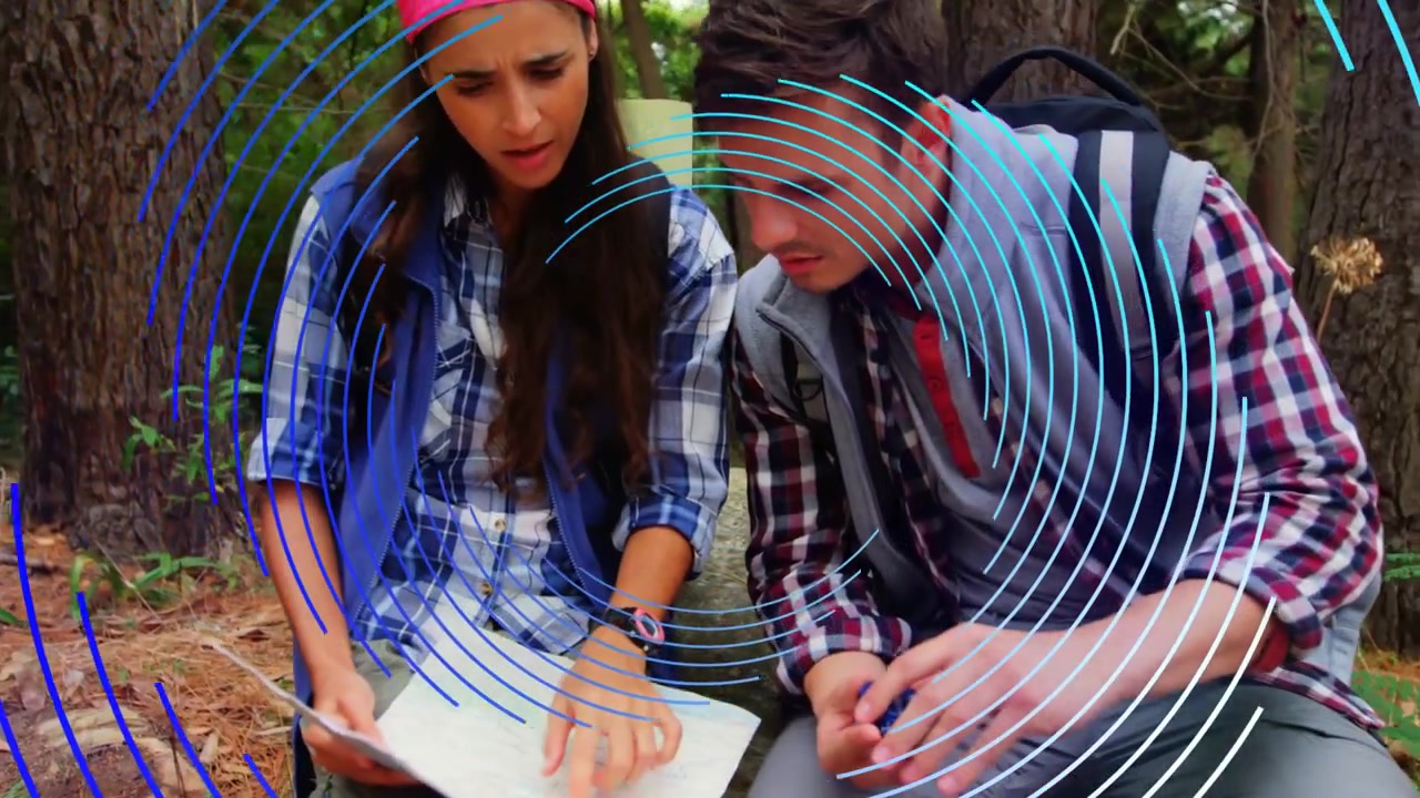 Hikers comparing map with GPS after GPS ping, matching path as blue overlay sweeping across frame