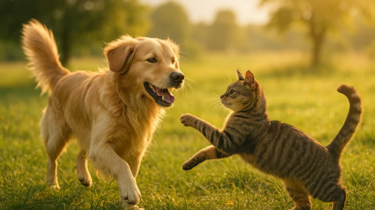 A playful dog and cat in a sunlit field, captured from a low angle