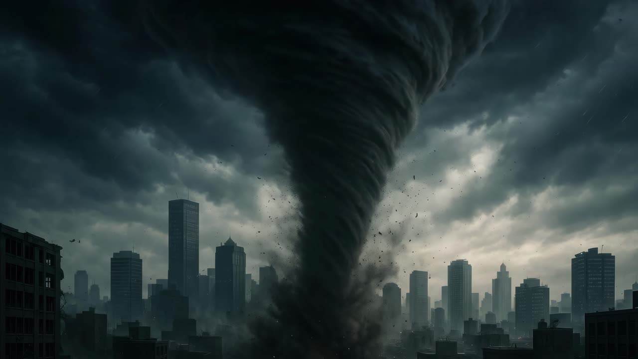 Dramatic wide-angle video shot of a massive tornado approaching a city skyline