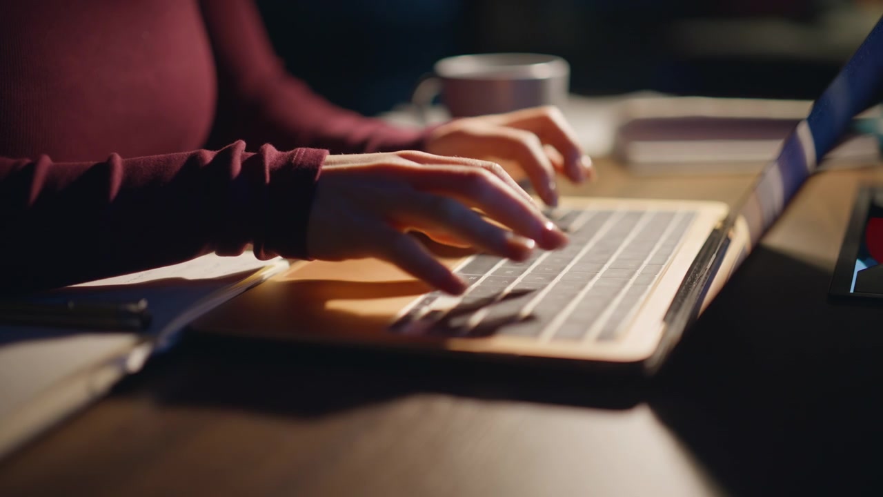 Close-up van vrouwenhanden die in een notitieboekje schrijven en daarna op een laptop typen. Avond freelance werk.