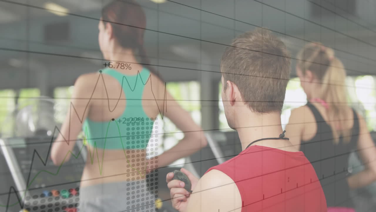 Exercising on treadmills, people with financial graph overlay showing growth trends