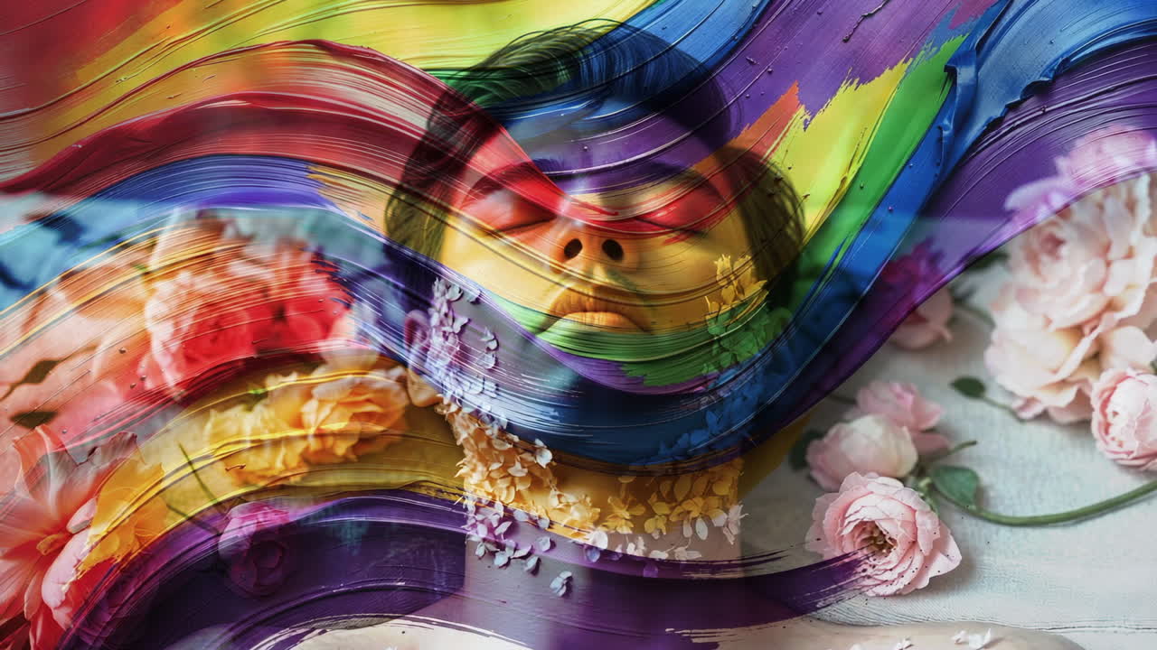 Vibrant Abstract Portrait with Rainbow Paint Strokes and Flowers