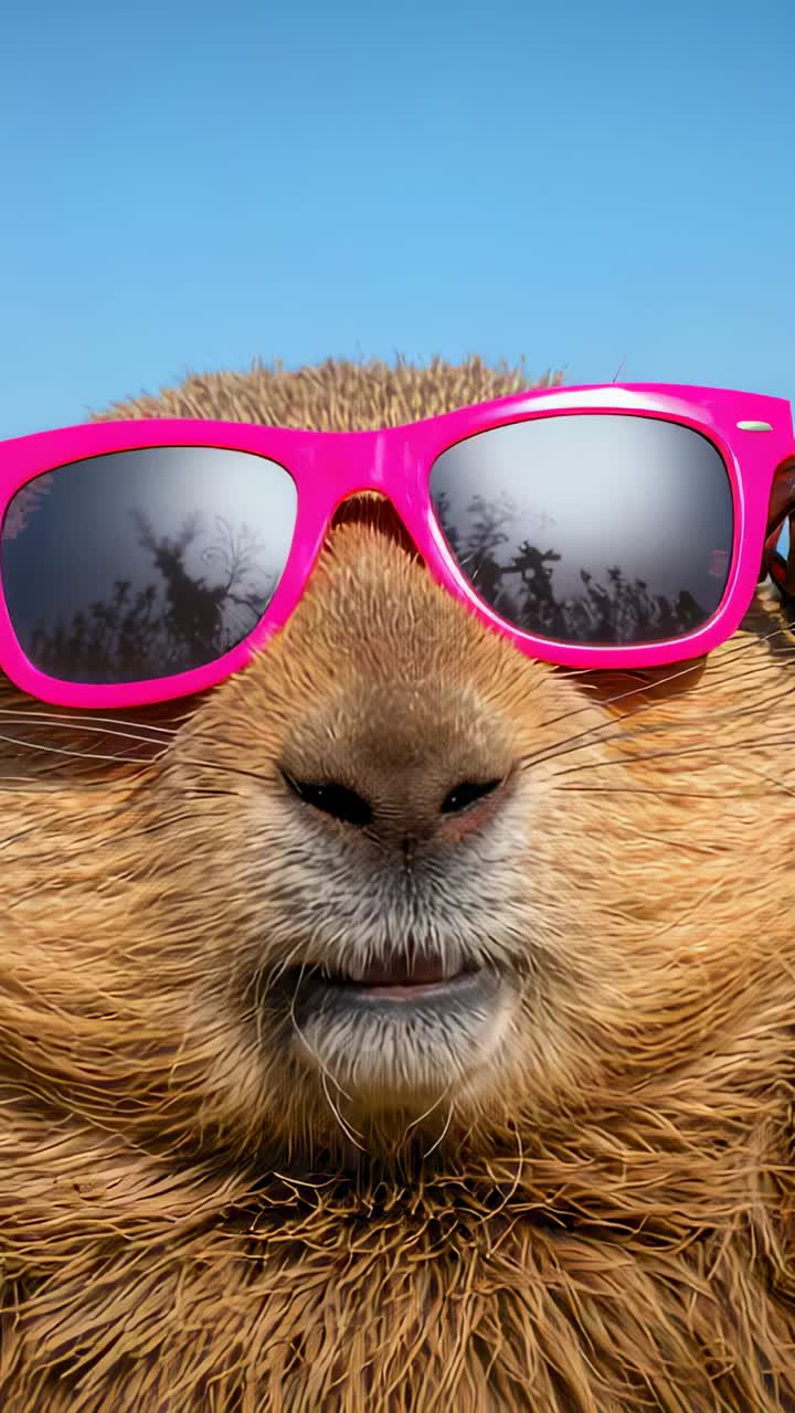 Vertikales Video: Eine rosa Sonnenbrille rutscht herunter, ein braunes Nagetier zeigt Zähne mit Baumspiegelungen