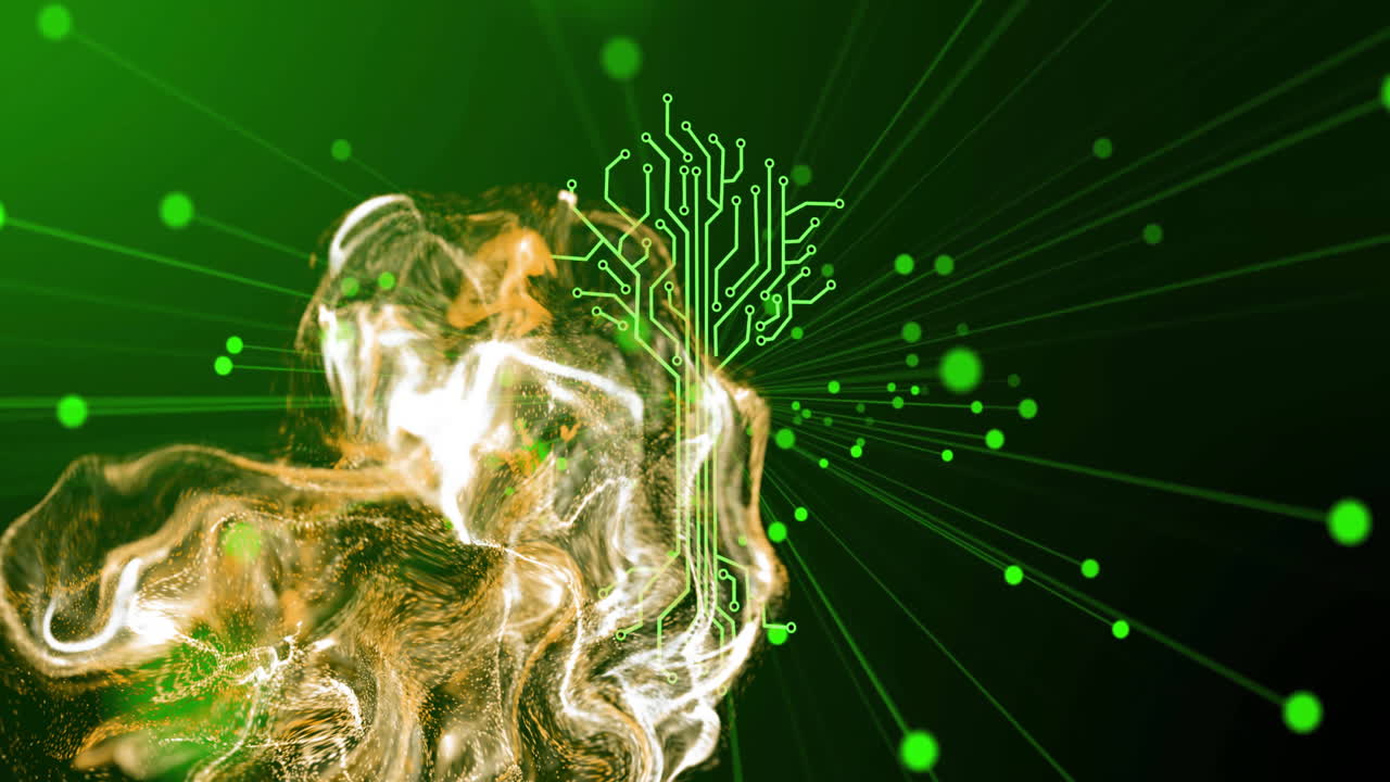Merging digital circuit animation with swirling golden textures on green background