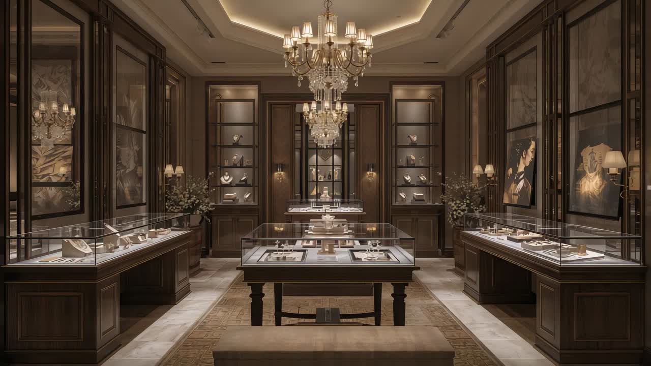 Sequence moving camera toward central glass table in showroom, emphasizing chandeliers and display