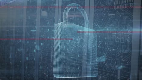 Animation of security padlock icon, microprocessor connections and data processing over server room