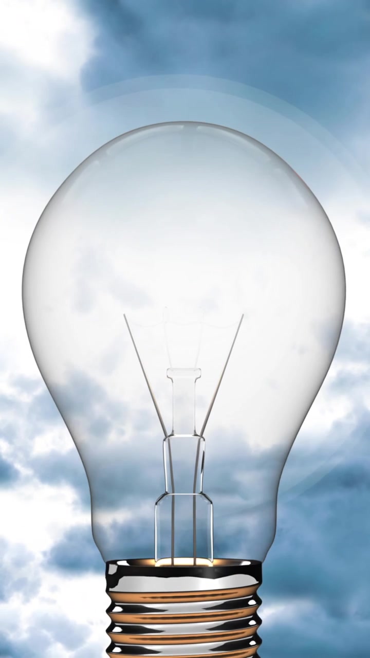 Animazione digitale di una lampadina che fluttua su equazioni matematiche fluttuanti, su nuvole scure nel cielo.