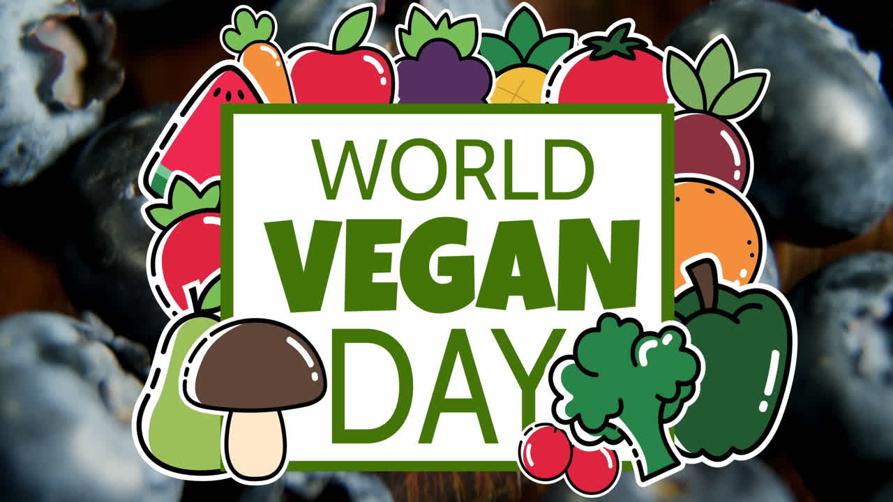 세계 채식주의의 날 문자 배너와 야채 아이콘의 애니메이션, 블루 베리의 클로즈업