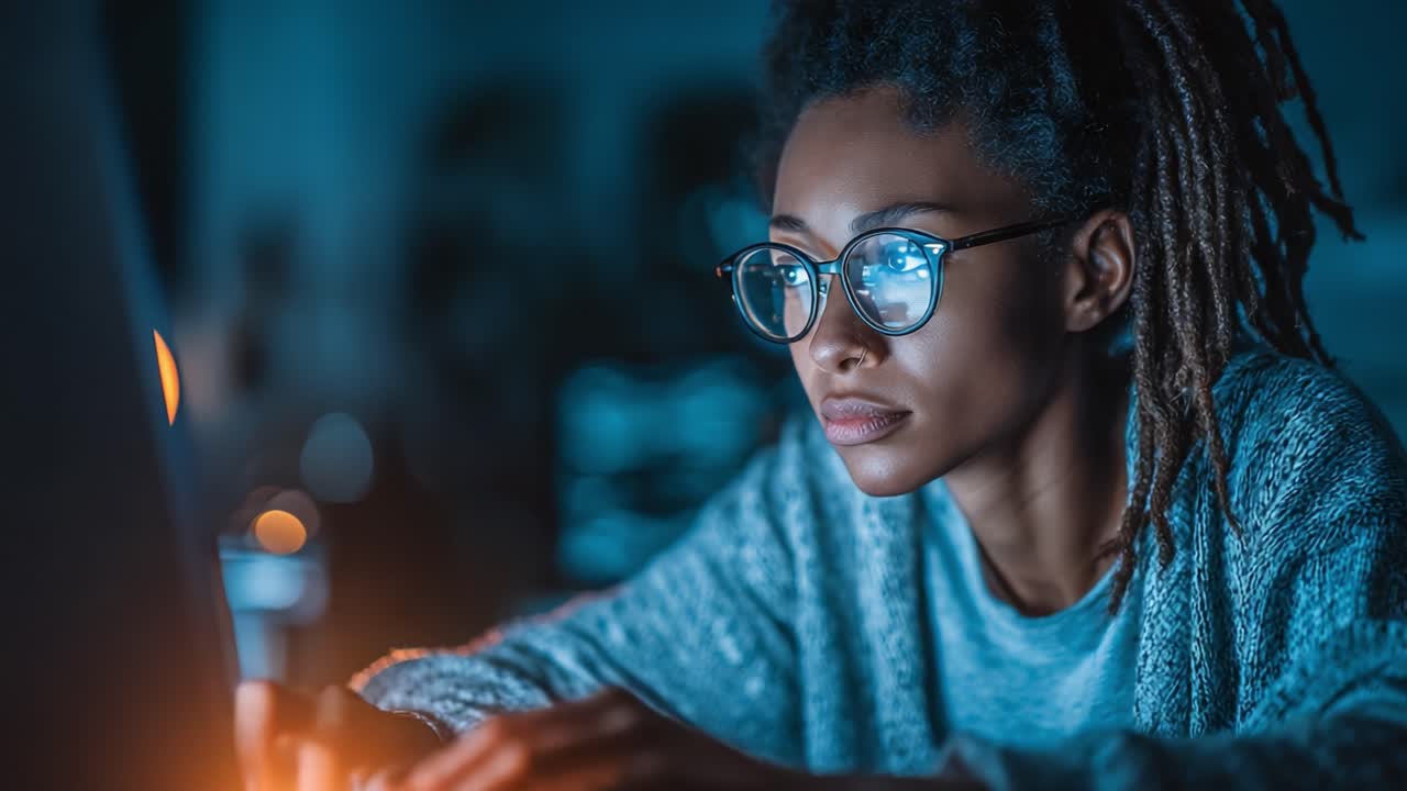 A Focused Young Woman Engaged in Deep Thought While Working Late at Night, Illuminated by the Soft Glow of a Computer Screen and Ambient Light