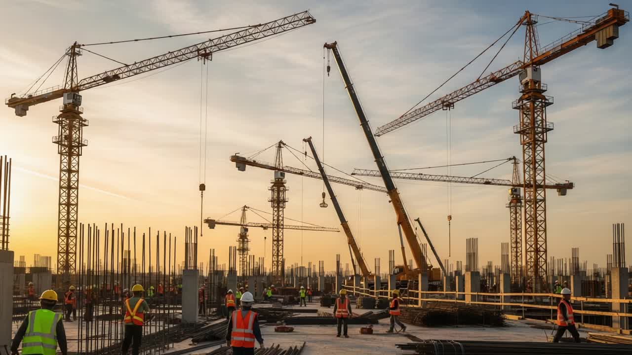 Dramatic Skyline Construction Site at Sunset with Multiple Cranes, Workers, and Structural Elements in a Dynamic Urban Environment