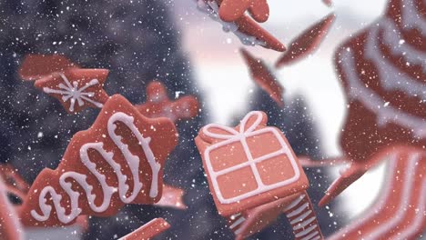 animación de las galletas de jengibre de navidad sobre los copos de nieve que caen