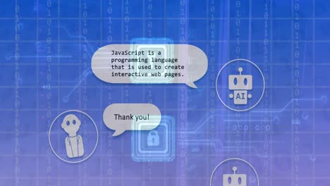 animación del procesamiento de chat de ia en línea en la pantalla a través de codificación binaria.
