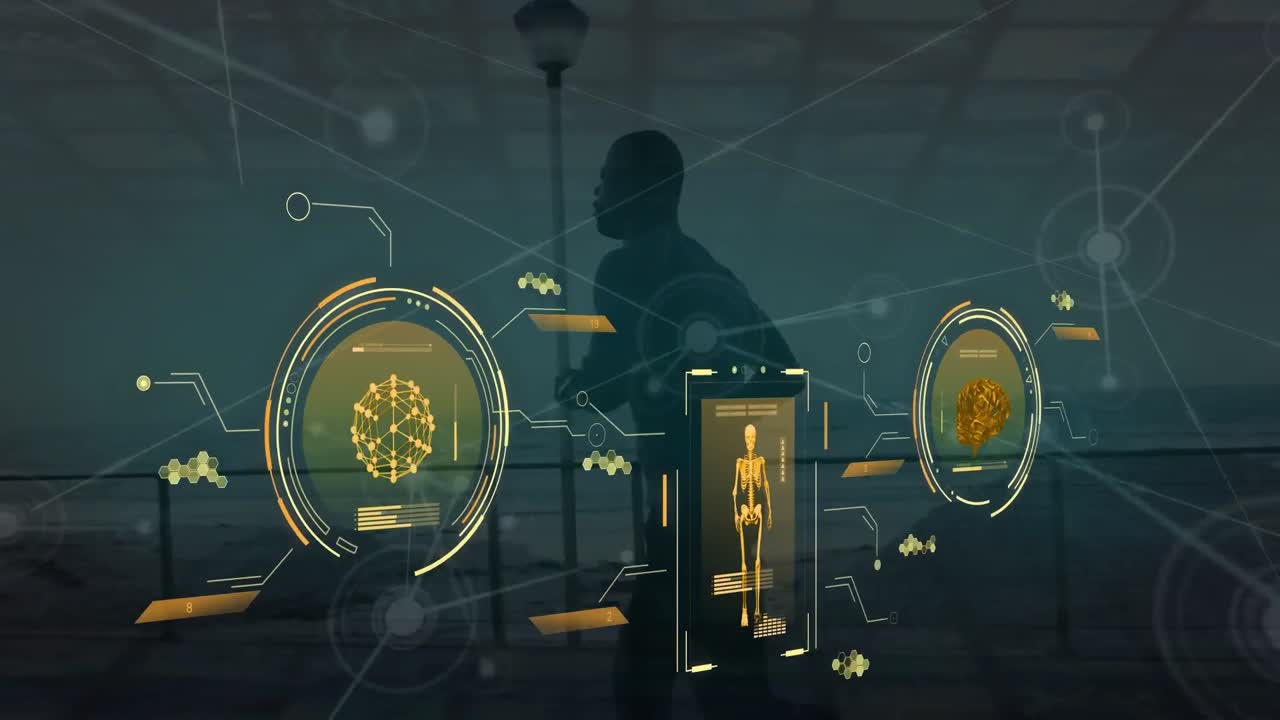 Animation of data processing over african american man running